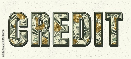 Word Credit with pattern of 100 US dollar bills, gold one dollar coins inside of letters. Volumetric appearance of text. Vector isolated illustration
