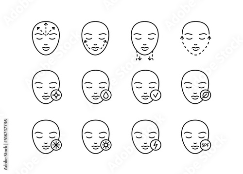 Skin care of face, line icon set. Beauty aesthetic procedure on cheek, chin, forehead and neck. Lifting through moisturizing, anti age, spf cream. Facial cosmetic. Vector outline sign illustration