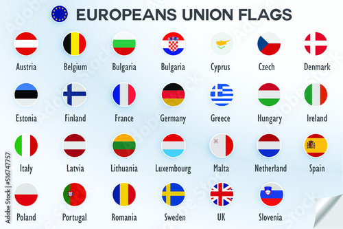 European union flags with names Vector illustration set 