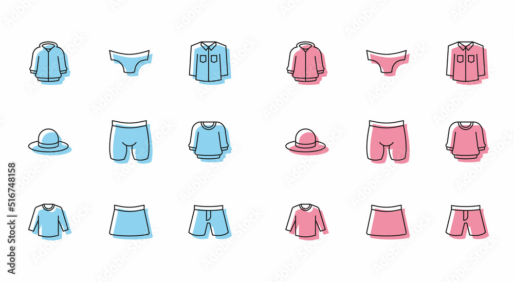 Set line Sweater, Skirt, Hoodie, Short or pants, Cycling shorts, Man hat and Men underpants icon. Vector Set line Sweater, Skirt, Hoodie, Short or pants, Cycling shorts, Man hat and Men underpants icon. Vector