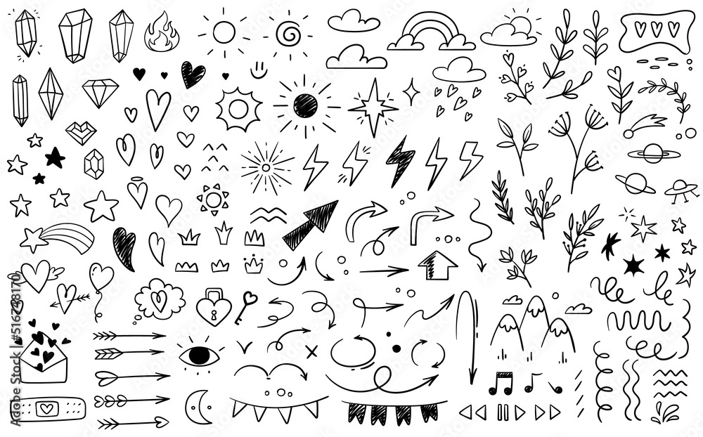 Set of various hand drawn elements. Icons with arrows, plants, hearts, crystals, clouds and stars, rainbow and crown. Design for stickers. Cartoon flat vector collection isolated on white background