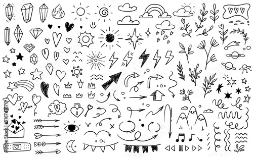 Set of various hand drawn elements. Icons with arrows  plants  hearts  crystals  clouds and stars  rainbow and crown. Design for stickers. Cartoon flat vector collection isolated on white background