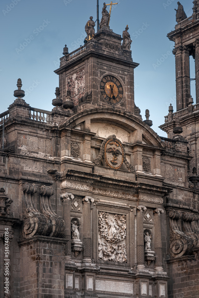 Facade detail at Metropolitan Cathedral in Zocalo, Center of Mexico City, Mexico. This grand Roman Catholic cathedral with many ornate chapels is Latin America's oldest and largest.