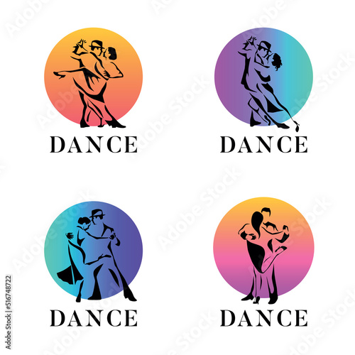 Set of dancing couple man and woman vector illustration, logo, icon for dansing school, party. White background. Dance logo collection.