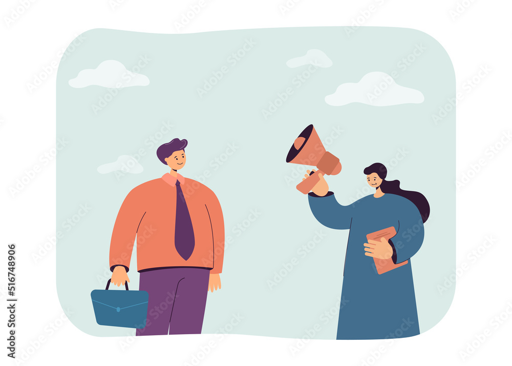 Woman with loudspeaker and man flat vector illustration. Chief announcing important information to employee. Announcement, message concept for banner, website design or landing web page