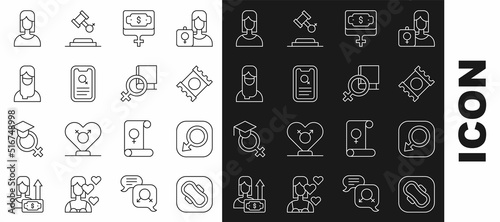 Set line Sanitary napkin, Male gender, Condom package, Money growth woman, Dating app, Muslim hijab, Female and Book about women icon. Vector