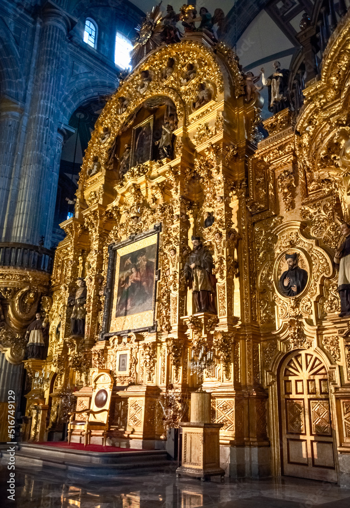 Golden altar -detail of the Interior of Metropolitan Cathedral of Assumption of Mary (1573 - 1813) - the largest and oldest cathedral in the Americas, Mexico City, Mexico.