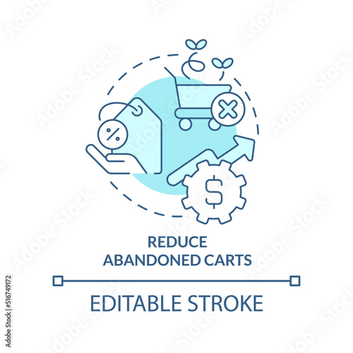 Reduce abandoned carts turquoise concept icon. Offer lower price. Discount strategy abstract idea thin line illustration. Isolated outline drawing. Editable stroke. Arial, Myriad Pro-Bold fonts used