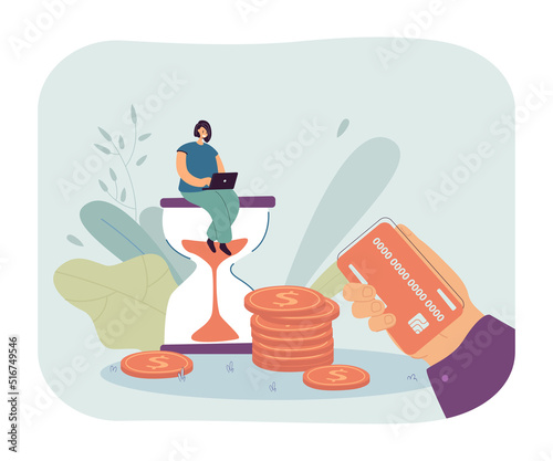 Girl working on laptop and sitting on hourglass. Human hand with credit card flat vector illustration. Time management, productivity, countdown concept for banner, website design or landing web page