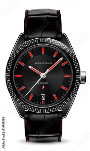 Realistic watch red silver black face leather strap on white design classic luxury vector