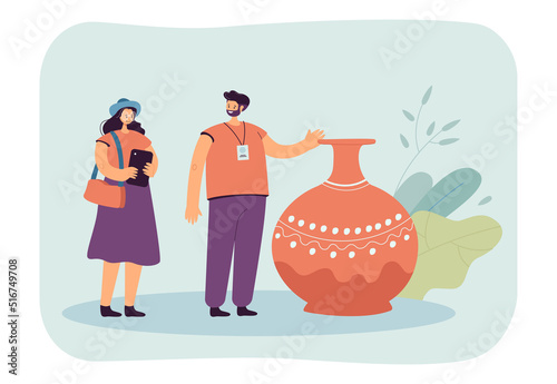 Tourist and tour guide looking at amphora. Guide leading sightseeing individual trip for woman flat vector illustration. Occupation, journey concept for banner, website design or landing web page