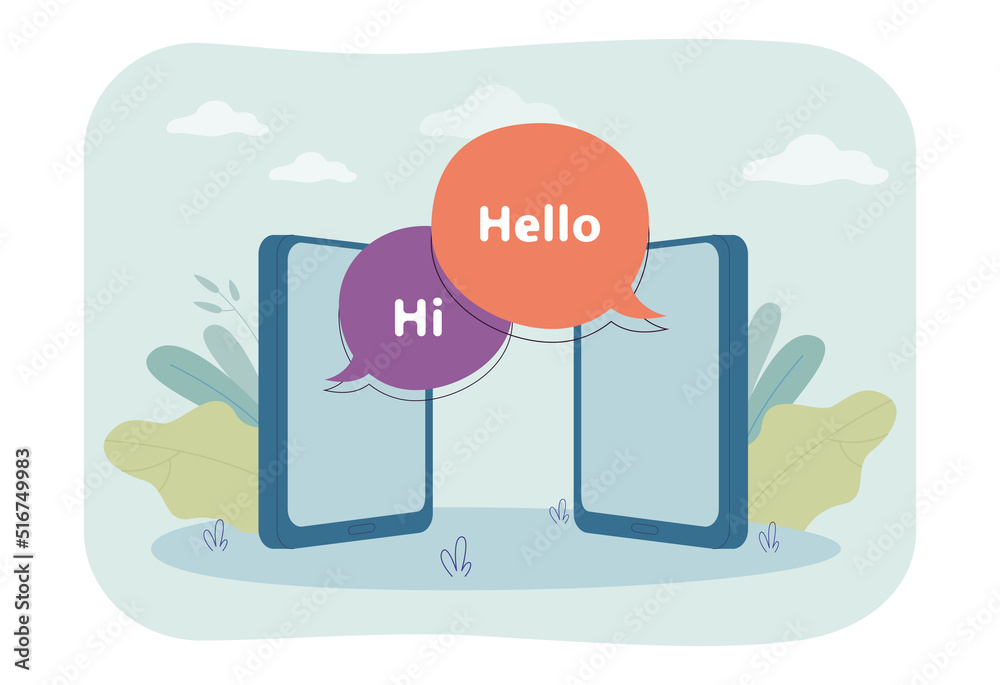 Mobile phones with hi speech bubbles flat vector illustration. People messaging on social media. Online communication, internet concept for banner, website design or landing web page Mobile phones with hi speech bubbles flat vector illustration. People messaging on social media. Online communication, internet concept for banner, website design or landing web page