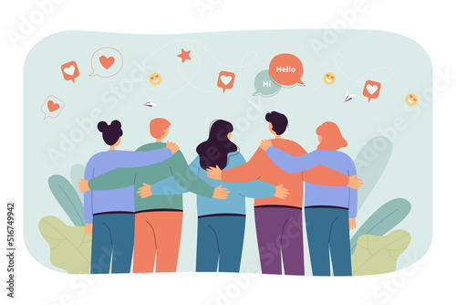 Back view of hugging friends flat vector illustration. Speech bubbles, like symbols above girls and boys. Online communication, social networks concept for banner, website design or landing web page