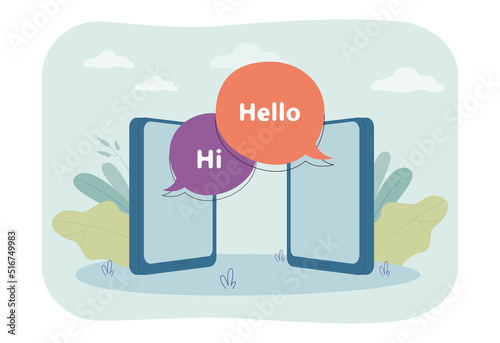 Mobile phones with hi speech bubbles flat vector illustration. People messaging on social media. Online communication, internet concept for banner, website design or landing web page