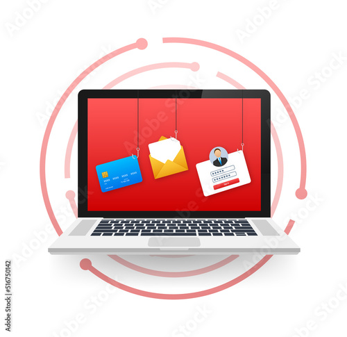 Data Phishing with fishing hook, mobile phone, internet security. Vector stock illustration.