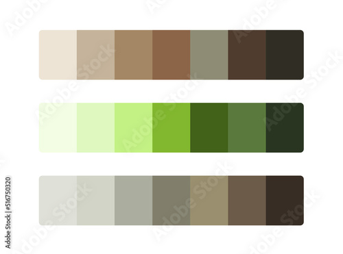 Matching color palette guide swatch catalog collection with RGB HEX color code combinations. Suitable for Branding. 3 sets of green, brown mix cool gradient color palettes each contain 7 colors.
