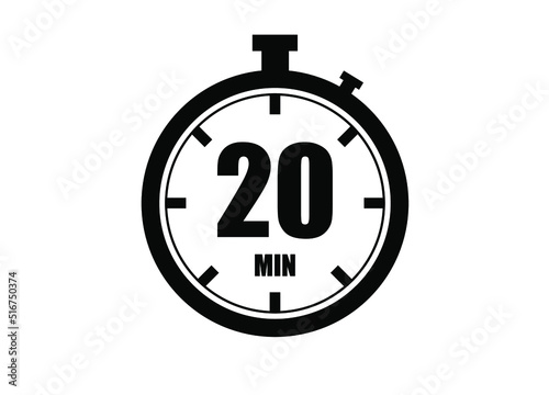 20 Minutes timers clock. Time measure. Chronometer vector icon black isolated on white background.