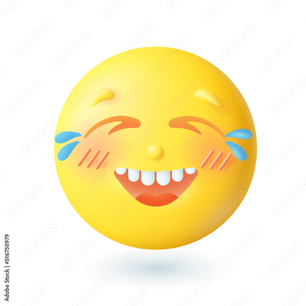 Fototapeta premium 3d cartoon style emoticon crying with laughter icon. Happy yellow face having fun, laughing flat vector illustration. Emotion, joy, expression, happiness, communication concept