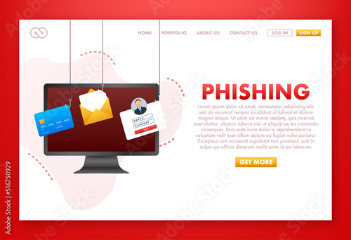 Data Phishing with fishing hook, mobile phone, internet security. Vector stock illustration.