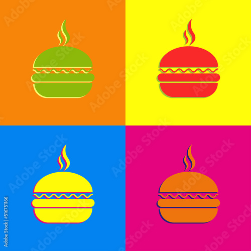 Burger icon in pop art color. Collection burger icon with shadow and aroma sign. Isolated icon street food in pop art color. Fast food logo for menu cafeteria, pub, restaurant. Vector illustration