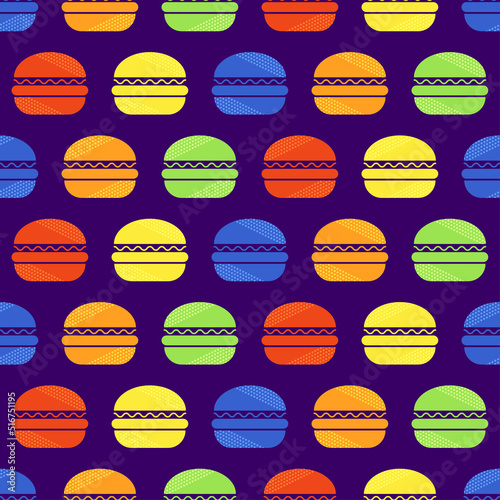 Burger seamless pattern. Fast food icon in pop art color. Colorful icon burger on purple background. Design for print on fabric, wrapping paper, packaging, wallpaper. Vector illustration © Irina Klymenko