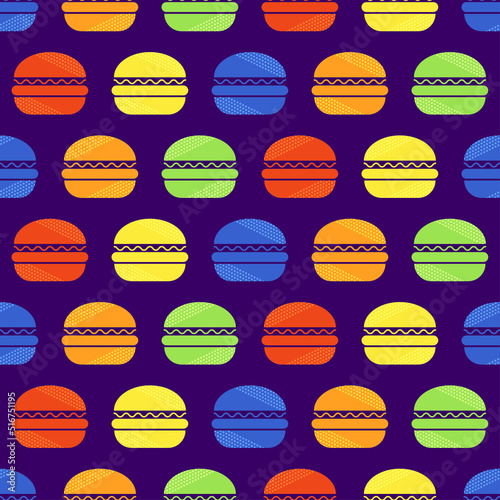 Burger seamless pattern. Fast food icon in pop art color. Colorful icon burger on purple background. Design for print on fabric, wrapping paper, packaging, wallpaper. Vector illustration