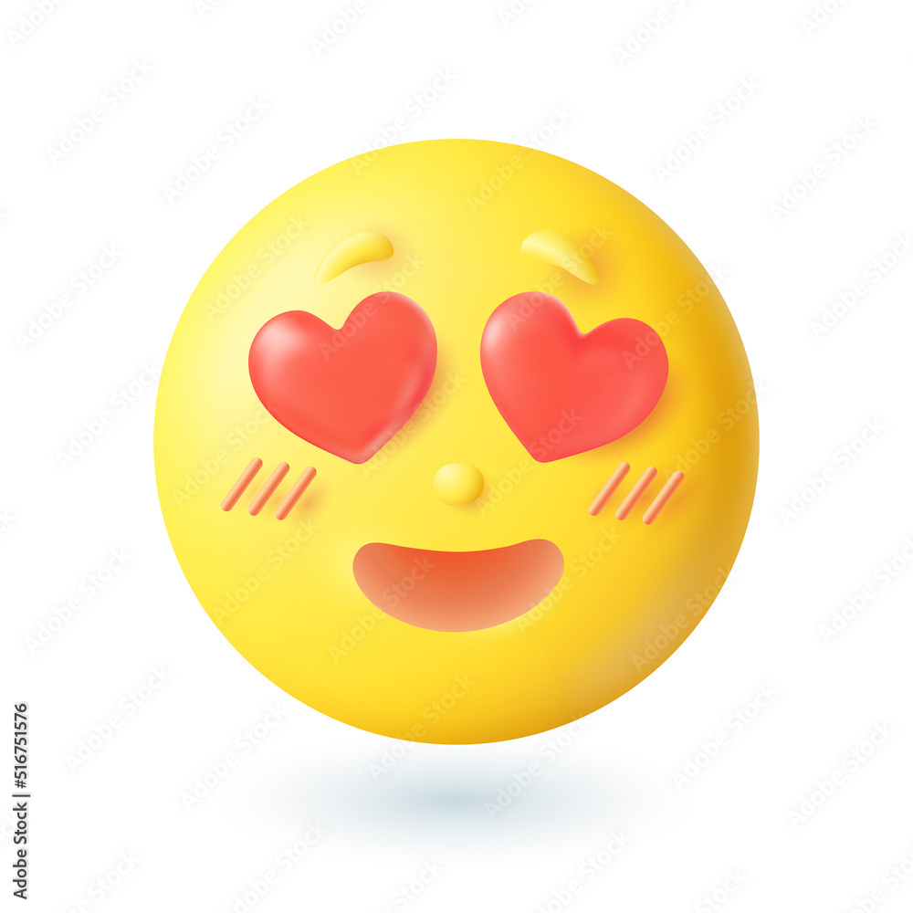 3d cartoon style love emoticon icon on white background. Happy yellow face with hearts in eyes flat vector illustration. Romance, valentine, romantic relationship concept 3d cartoon style love emoticon icon on white background. Happy yellow face with hearts in eyes flat vector illustration. Romance, valentine, romantic relationship concept