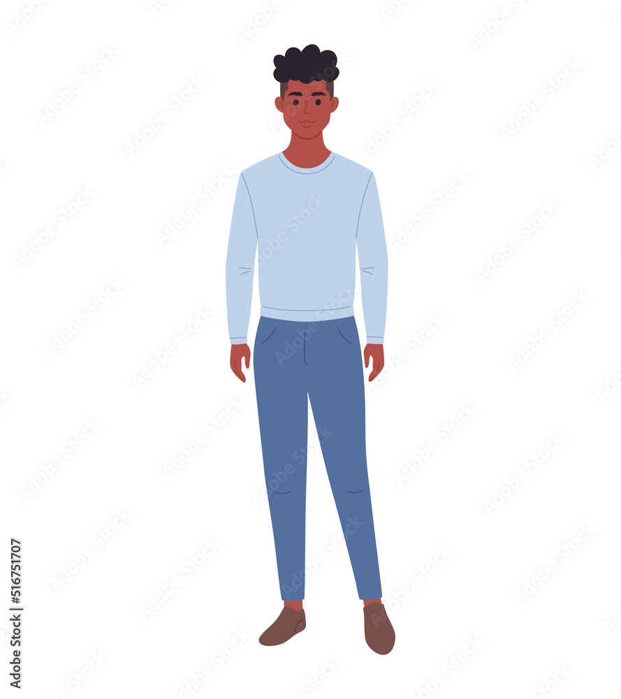 Modern young black man in casual outfit. Stylish fashionable look. Hand drawn vector illustration
