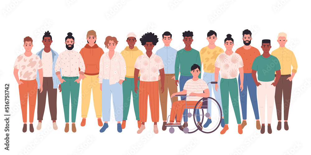 Men of different races, body types, hairstyles. Social diversity of people in modern society. Man with physical disability. Fashionable casual outfit. Hand drawn vector illustration