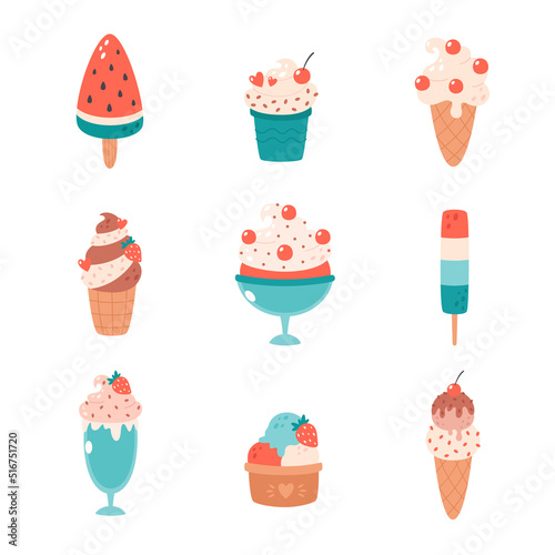 Ice cream collection. Ice cream cone with different flavors, ice lolly, ice cream in glass. Summertime, hello summer. Hand drawn vector illustration
