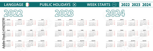 Simple calendar template in Italian for 2022, 2023, 2024 years. Week starts from Monday.