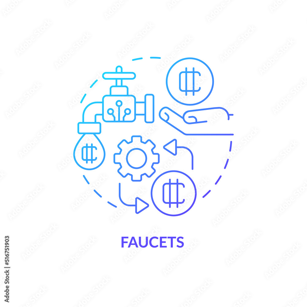 Faucets blue gradient concept icon. Get free tokens by completing tasks. Make money on crypto abstract idea thin line illustration. Isolated outline drawing. Myriad Pro-Bold font used Faucets blue gradient concept icon. Get free tokens by completing tasks. Make money on crypto abstract idea thin line illustration. Isolated outline drawing. Myriad Pro-Bold font used