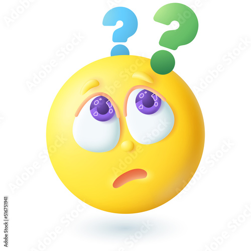 3d cartoon style emoticon with question marks above head icon. Confused yellow face thinking, looking for solution flat vector illustration. Emotion, expression, decision, choice concept