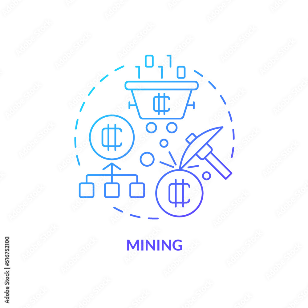 Mining blue gradient concept icon. Blockchain technology. Extract tokens. Way to make money on crypto abstract idea thin line illustration. Isolated outline drawing. Myriad Pro-Bold font used