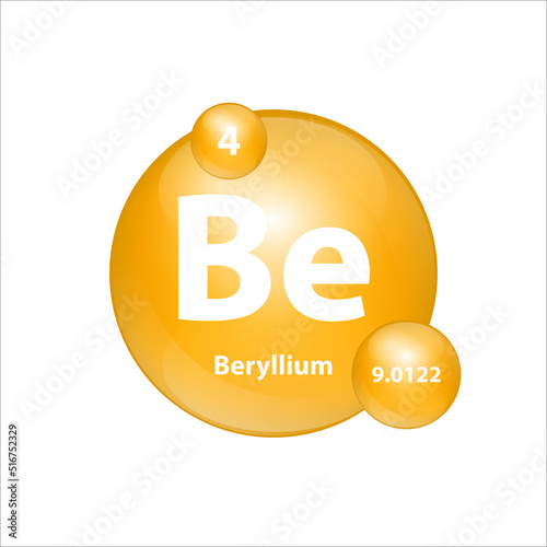 Beryllium (Be) icon structure chemical element round shape circle yellow dark. Chemical element of periodic table Sign with atomic number. Study in science for education. 3D Illustration vector.