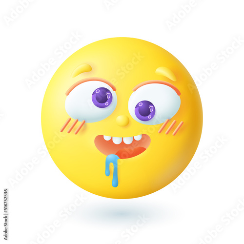 3d cartoon style happy drooling emoticon icon. Hungry yellow face waiting for delicious food flat vector illustration. Emotion, expression, happiness, joy, communication concept