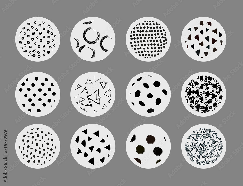 Set of round geometric black and white abstract backgrounds or patterns. Drawn doodle shapes. Spots, triangles, curves, lines. Modern fashion vector illustration. Posters, social media icon templates Set of round geometric black and white abstract backgrounds or patterns. Drawn doodle shapes. Spots, triangles, curves, lines. Modern fashion vector illustration. Posters, social media icon templates