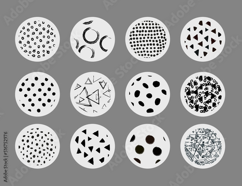 Wallpaper Mural Set of round geometric black and white abstract backgrounds or patterns. Drawn doodle shapes. Spots, triangles, curves, lines. Modern fashion vector illustration. Posters, social media icon templates Torontodigital.ca