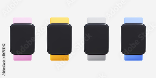 3D render smart watch bracelet collection with blank display vector illustration isolated on white background.