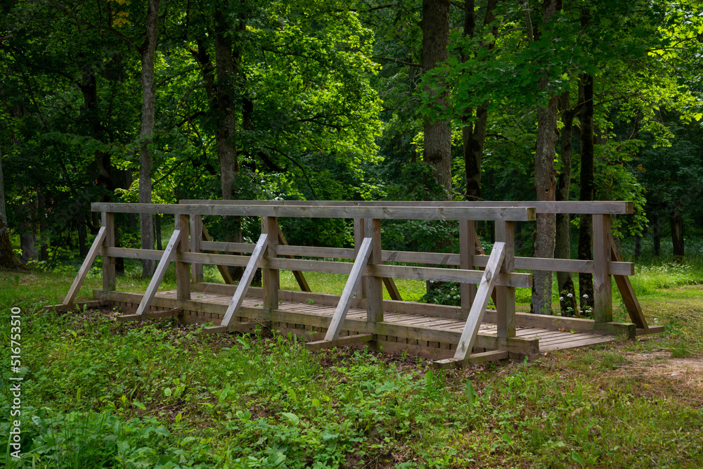 wooden bridge in the park on a tourist path with green leaves of trees in summer that leads over the river channel.