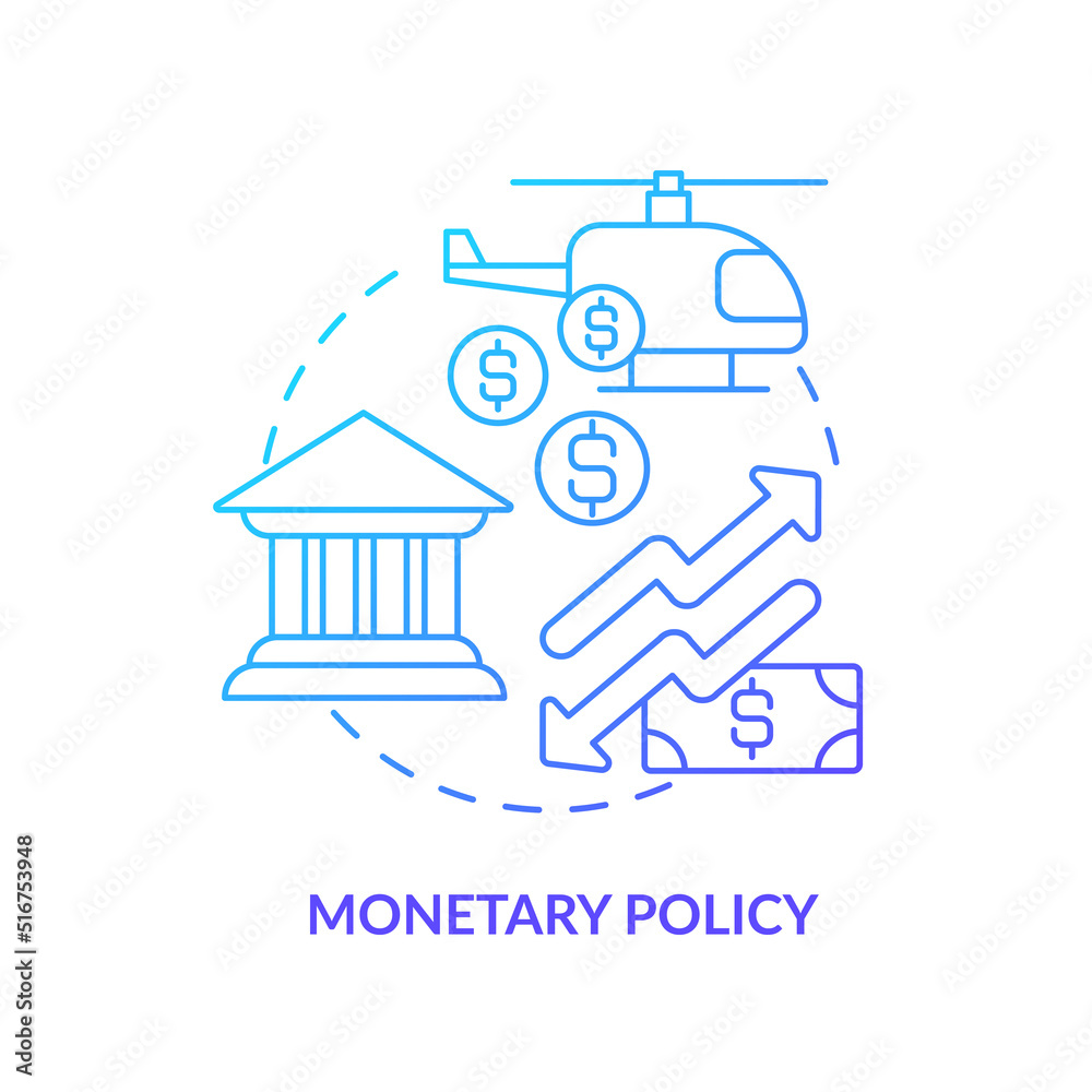 Monetary policy blue gradient concept icon. Central bank regulations. Control economy. Inflation cause abstract idea thin line illustration. Isolated outline drawing. Myriad Pro-Bold font used
