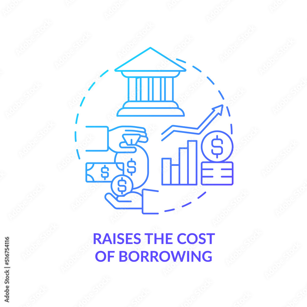 Raises cost of borrowing blue gradient concept icon. High interest rate. Effect of inflation abstract idea thin line illustration. Isolated outline drawing. Myriad Pro-Bold font used Raises cost of borrowing blue gradient concept icon. High interest rate. Effect of inflation abstract idea thin line illustration. Isolated outline drawing. Myriad Pro-Bold font used