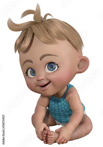 Fotografie Illustration of a cute cartoon baby with big eyes dressed in a blue vest and sit