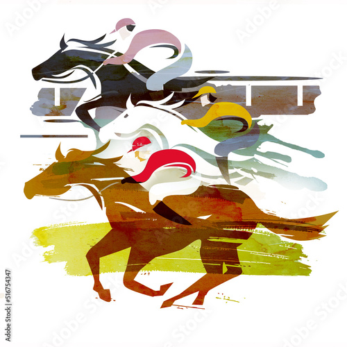 Race Horses, jockeys running action. 
Eexpressive Illustration of  three Jockeys on horse at Full Speed. Imitation of watercolor painting.