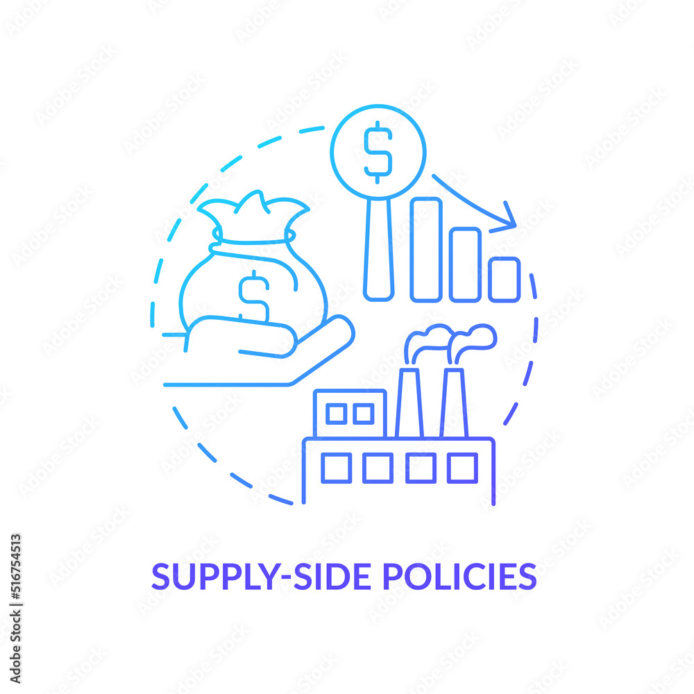 Supply side policies blue gradient concept icon. Economy efficiency. Controlling inflation abstract idea thin line illustration. Isolated outline drawing. Myriad Pro-Bold font used Supply side policies blue gradient concept icon. Economy efficiency. Controlling inflation abstract idea thin line illustration. Isolated outline drawing. Myriad Pro-Bold font used