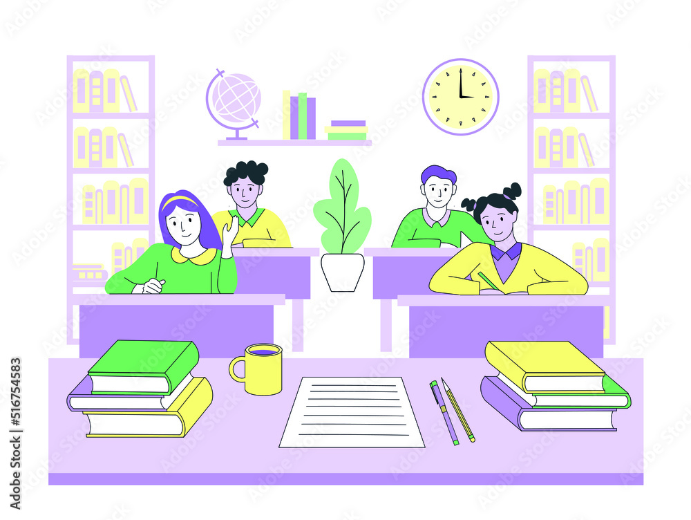 School kids at the lesson in the classroom. Happy cheerful pupils. Flat vector design. Education process. School kids at the lesson in the classroom. Happy cheerful pupils. Flat vector design. Education process.