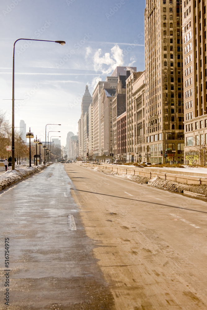 Street of Chicago downtown. Buildings and skyscrapers