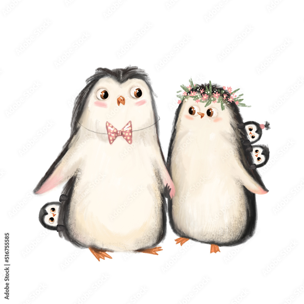 Naklejka premium Cute cartoon penguin family with lovely adorable little toddler kids with a couple wearing bow and floral flower rose wreath. Childish illustration fabric clipart isolated on white background.