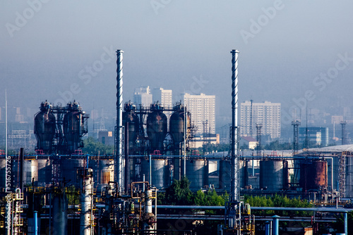 Oil refinery plant and industry zone. Oil and gas petrochemical industrial background