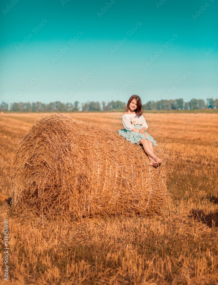 The girl in sits on a roll, stack of hay. The girl is walking in the field, it is a hot summer. The girl is wearing a blue skirt. The girl in sits on a roll, stack of hay. The girl is walking in the field, it is a hot summer. The girl is wearing a blue skirt.